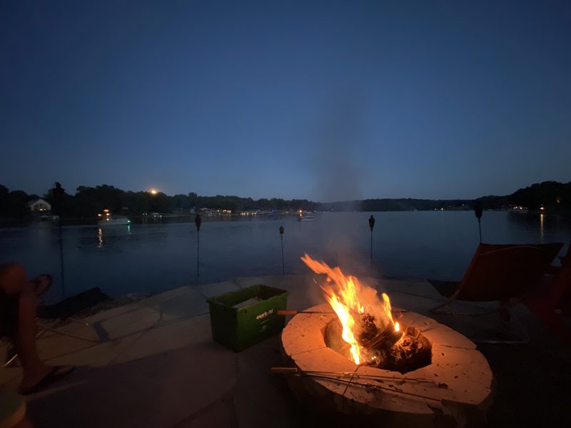 Firepit at dusk overlooking Lake Panorama