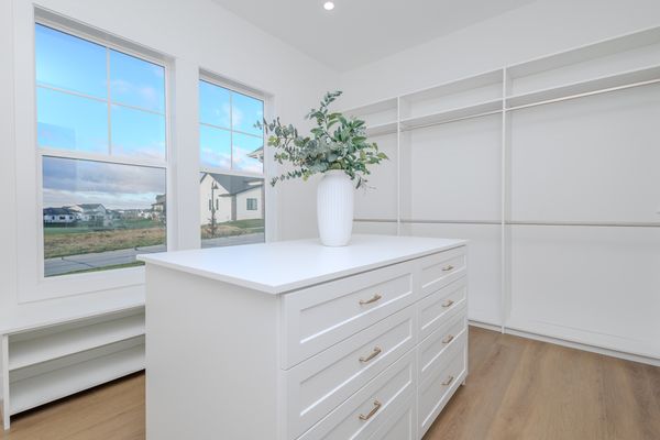 Primary closet with custom organizers and island