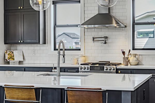 Kitchen island and range wall